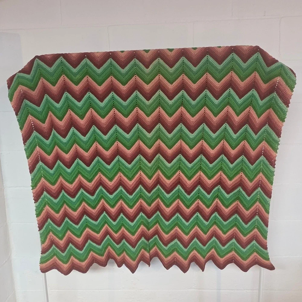 Handmade Crochet Chevron Afghan Blanket Earth Tones Green Raspberry Throw 44x68